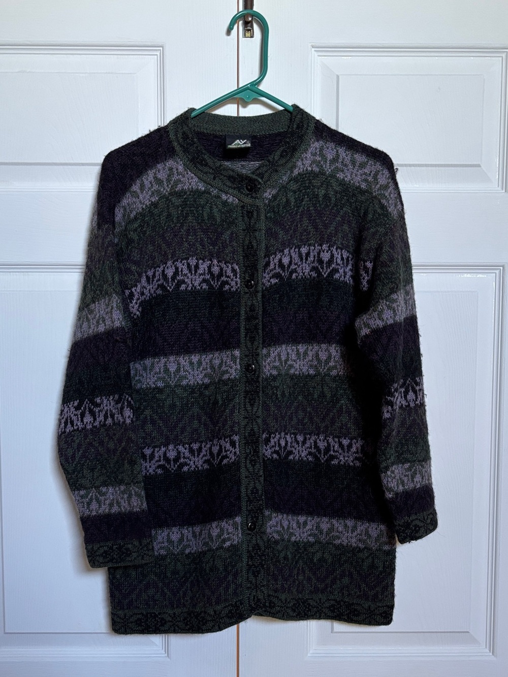AY 100% Alpaca Long Cardigan Jacket Fair Isle Button Front Women’s M Peru
